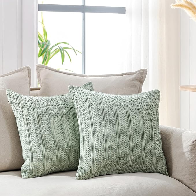 Sage Green Pillow Covers 18x18 Boho Throw Pillow Covers Set of 2 Decorative Pillow Shams Stone Washed Cotton Pillowcase for Couch Sofa Chair Bed Car