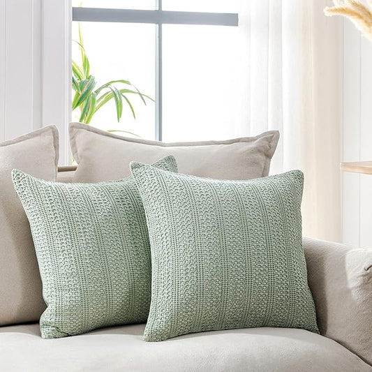 Sage Green Pillow Covers 18x18 Boho Throw Pillow Covers Set of 2 Decorative Pillow Shams Stone Washed Cotton Pillowcase for Couch Sofa Chair Bed Car
