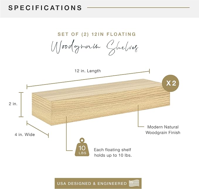 MCS Natural Woodgrain Floating Shelves, 12 Inch x 4 Inch, Set of 2, 12 x 4