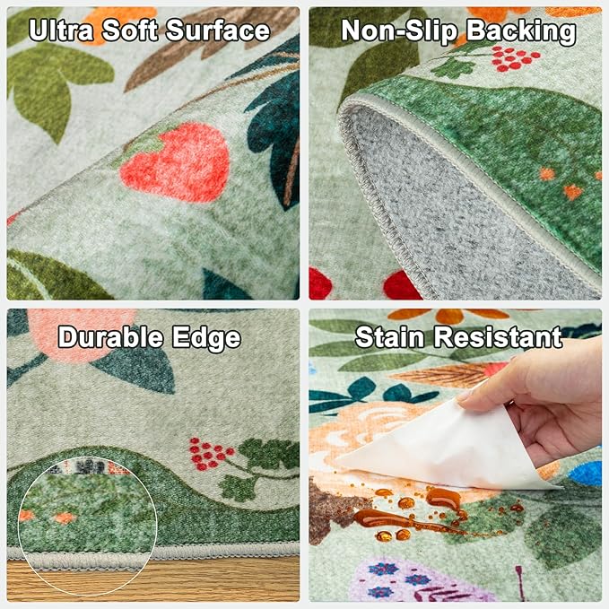 Runner Rug for Entryway: 2x5 Kitchen Rugs Non Slip Washable Ultra-Thin Soft Floral Carpet Indoor Floor Stain Resistant Carpets for Hallway Bedroom Kitchen Laundry Bathroom Dorm Green