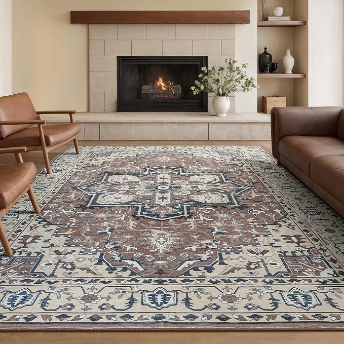 Rugflix 8x10 Area Rugs for Living Room, Washable Rug, Soft Low Pile Carpet, Non-Slip, Stain Resistant, Vintage Area Rug, Brown Beige Rug for Bedroom, Dining Room, Home Office