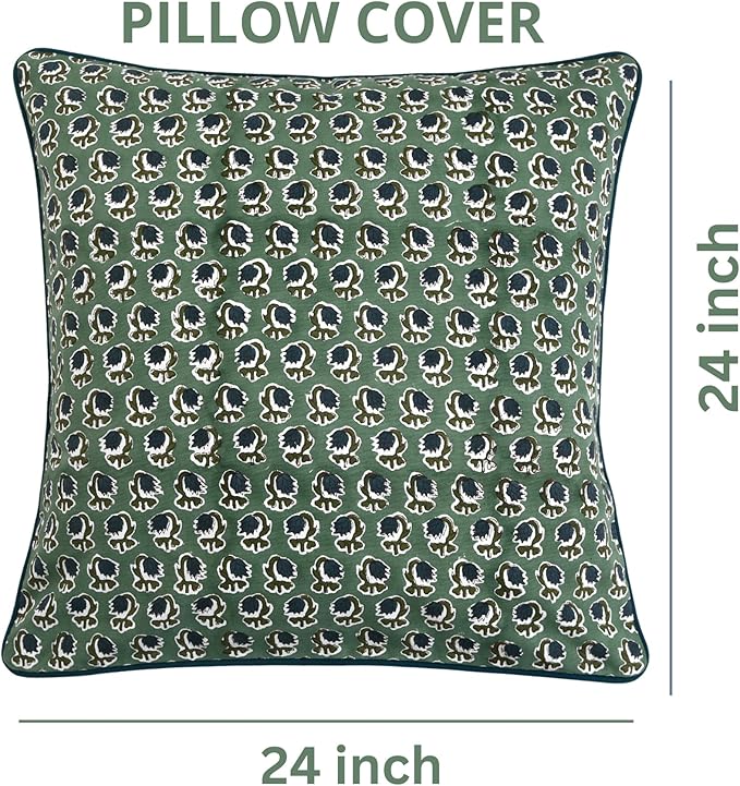 Ridhi Block Print Basil Green Pillow Cover 24" x 24" (Pack of 2) Decorative Couch Pillows for Living Room, Chic Boho Cute Outdoor Pillows Covers Gifts for Spring, Easter and Valentine