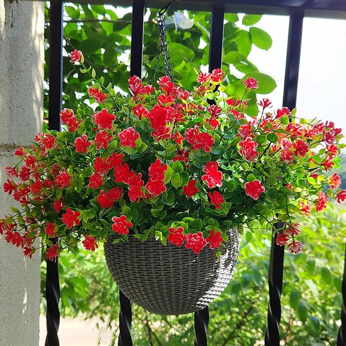 Grunyia 12 Bundles Artificial Flowers for Outdoors, UV Resistant Fake Flowers with Plastic Plants, Faux Flowers for Outside Window Box Front Porch Hanging Planter Decor (Red)