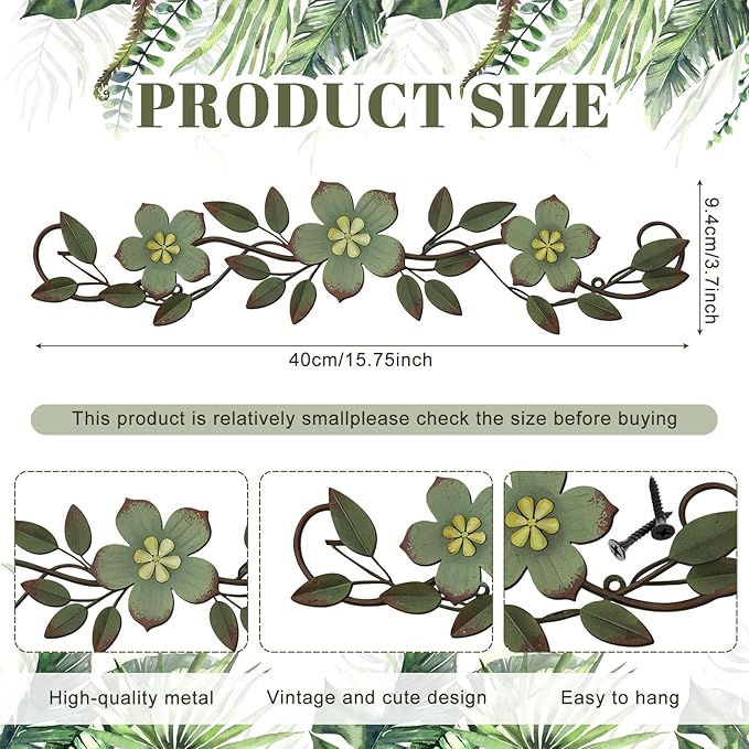 Wesiti Metal Flower Wall Decor Vintage Spring Metal Flower Wrought Iron Scroll Sculpture 15.7''x3.7'' Farmhouse Leaf Wall Decor with Nails for Spring Living Room Bedroom Indoor Outdoor(Green)
