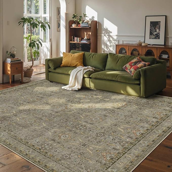Rugxara 8x10 Area Rugs for Living Room Bedroom, Large Washable Rug, Vintage Floral Boho Rug, Non Slip & Low Pile Faux Wool Thin Carpet for Indoor Dining Room and Kids Room(Olive Brown 8x10ft)