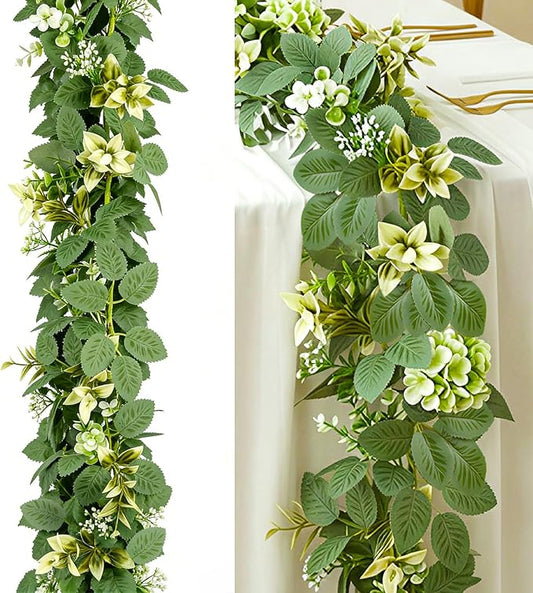 2Pcs 6FT Artificial Eucalyptus Garland with Flowers, Fake Greenery Vines Spring Ivy Leaves for Wedding Backdrop Arch, Table Centerpieces, Party, Home Room Party Indoor Outdoor Spring Decor