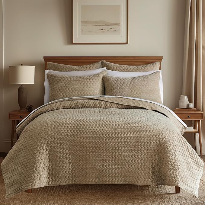 Levtex Home - Velvet Stitch Quilt Set - Full/Queen Quilt and Two Standard Shams - Cross Stitch Velvet - Taupe with White - Quilt (88x92in.) and Shams (20x26in.) - Reversible - Polyester