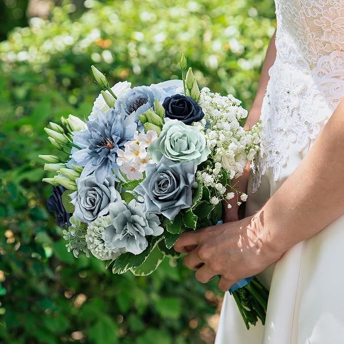Artificial Flowers Combo Box, 28PCS Fake Flowers, Silk Flower Mix with Wire Stem, DIY Wedding Bridal Bouquet for Arrangement, Shower Party Home Décor, Dusty Blue & Sage Mix