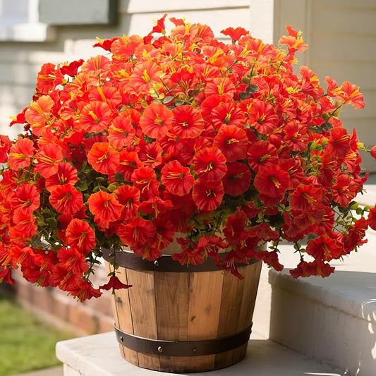 Grunyia Artificial Faux Flowers for Outdoor 16 Bundles Boxwood Fake Morning Glory for Planter,UV Resistant Fake Flowers for Home Porch Patio Outside (Orange)