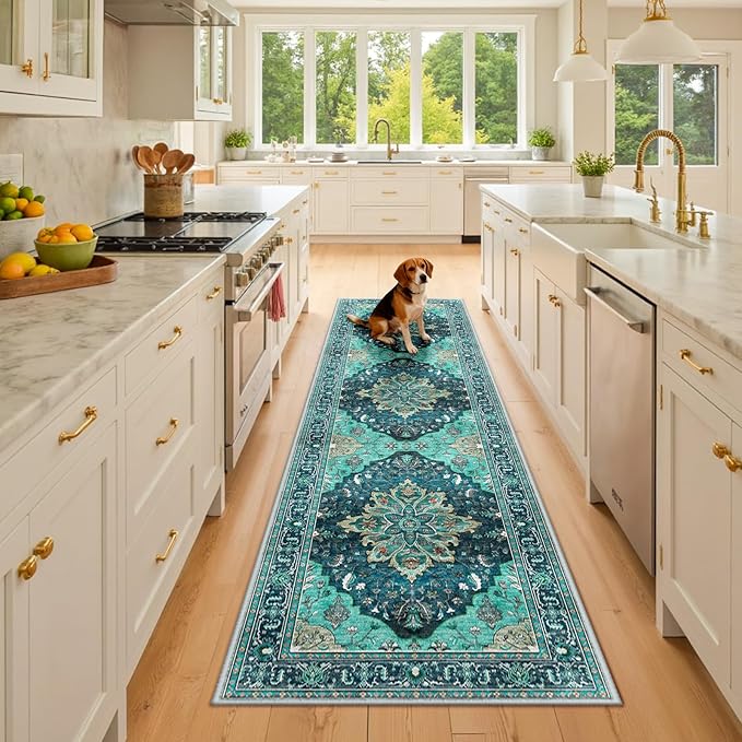 RELEANY Area Rugs 2'6''x8' Runner Rug Non Slip Washable for Kitchen Hallway Bedroom Beside Laundry Room Bathroom Rug, Floor Carpet, Teal Green Lake Blue Turquoise