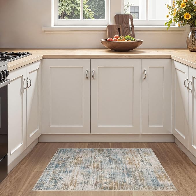 UERMEI 2x3 Washable Entryway Area Rug: Neutral Abstract Small Floor Carpet Soft Low Pile Non Slip Indoor Door Mat for Kitchen Hallway Stain Resistant for Pets and Kids Room Blue Brown