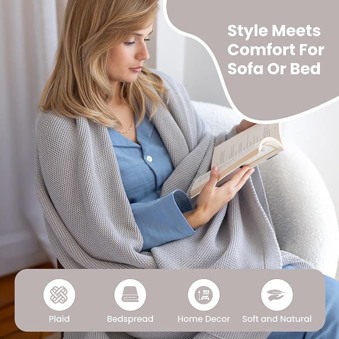 Dalisa 100% Organic Turkish Cotton Throw Blanket Harbor Mist GOTS Certified, Cozy, with Reusable Cotton Gift Bag Perfect for Couch, Bed, and Home Decor Boho Vintage Knit Alina