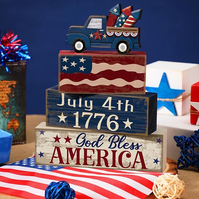 CroBlissful 4 Pcs 4th of July Decorations Patriotic Memorial Day Tabletop Decorations Red White Blue Table Centerpieces Sign for Office Tiered Tray Home Shelf 250th Anniversary(Truck)