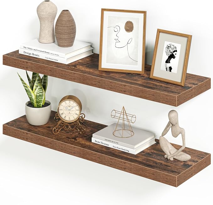 Heimlove 32 Inch Floating Shelves for Wall,Rustic Brown 9.3" Deep Floating Shelf Set of 2,Wall Mounted Shelves for Bathroom Bedroom Living Room Kitchen Office,Shelf for Books Storage Room,Home Decor