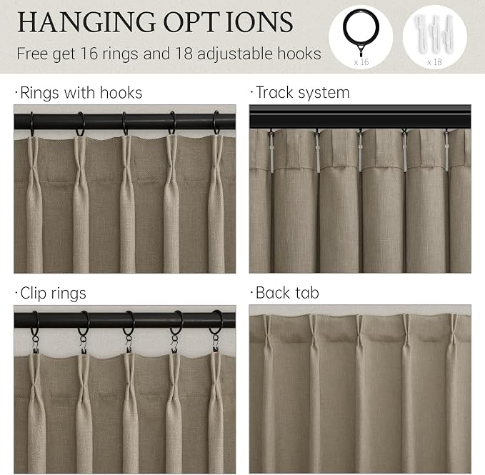 Taupe Pinch Pleated Linen Semi Sheer Curtains 72 Inches Long 2 Panels for Living Room Bedroom Rustic Country Thick Linen Textured Farmhouse Pinch Pleat Curtain Drapes with Hooks Ring