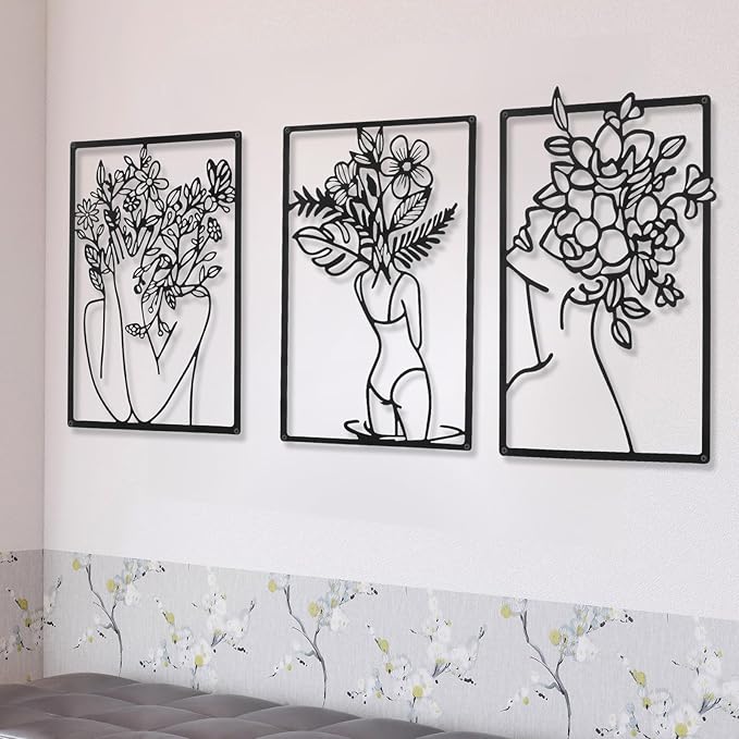 CHENGU 3 Pieces Metal Minimalist Abstract Woman Wall Art Line Drawing Wall Art Decor Single Line Female Home Hanging for Kitchen Bathroom Living Room