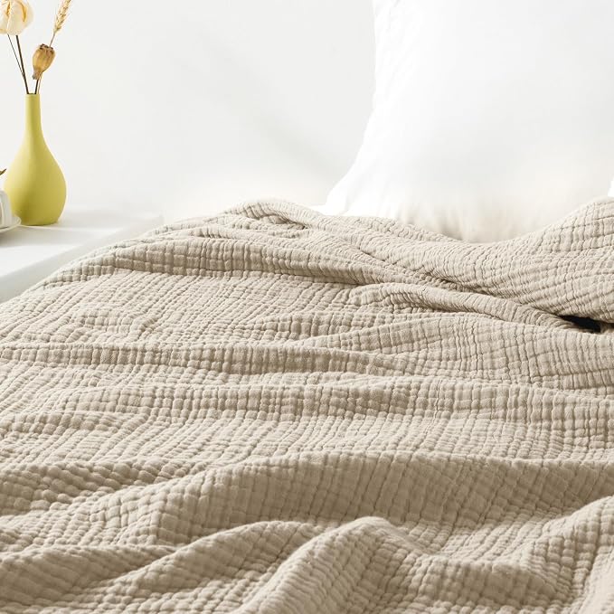 Carriediosa 100% Cotton Muslin Throw Blanket 108" X 90" King Size，4-Layers Summer Gauze Throws for Bed Couch，Soft Lightweight Breathable Linen Blankets Bedspread for Adults All Season，Khaki