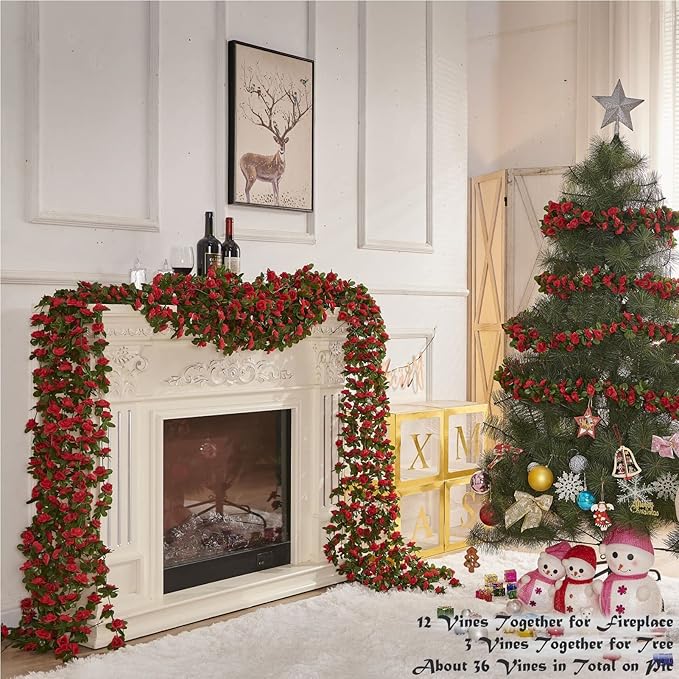 PONKING 6 Pcs x 8.2 ft Flower Garland Artificial Rose Vine Flowers with Green Leaves Hanging Fake Roses Vine for Room Party Home Wedding Birthday Christmas Wall Arch Decor, Spring Red Flower