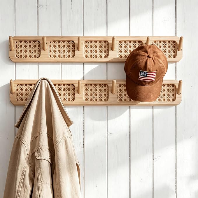 Coat Rack Wall Mount, Rattan Coat Hooks Hanger Wall Mounted | 6 Heavy Duty Bamboo Hooks Rack Rail for entryway Hanging Clothes Hats Bags Jackets Towels Plants,Natural