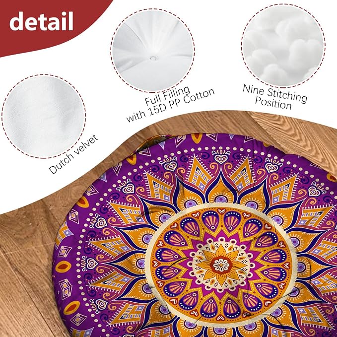 Mandala Meditation Cushion, Boho Meditation Mat, Meditation Pillows for Sitting on Floor, Cushions for Sitting in Home and Outdoor, Round Floor Pillows Cushion Seating for Yoga Accessories 22'' X 22''