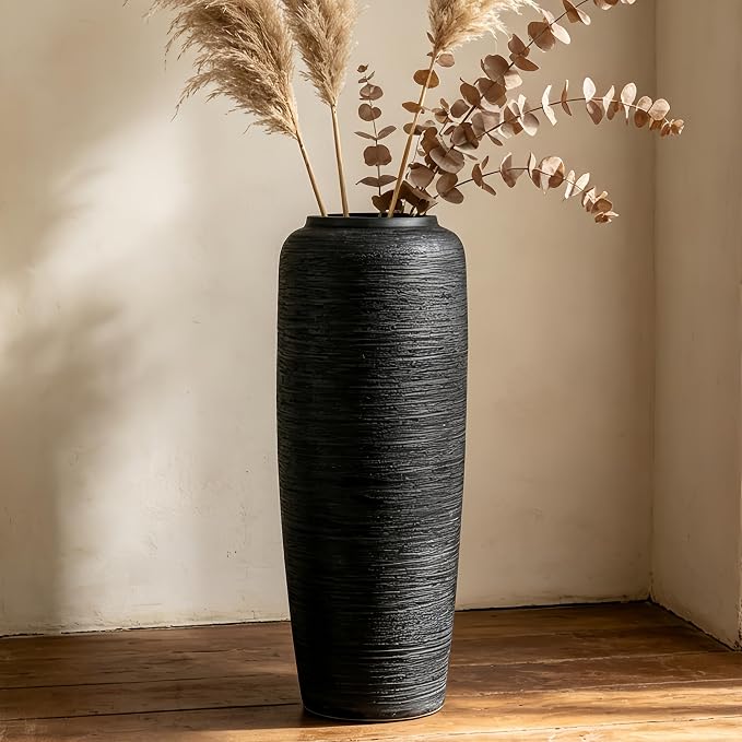 Black Rustic Ceramic Farmhouse Tall Floor Vase,19.7 Inch Vintage Large Vases Pottery Clay Terracotta Rustic Vase for Home Decor Living Room Entryway Table Centerpieces,Kitchen,Housewarming Gifts