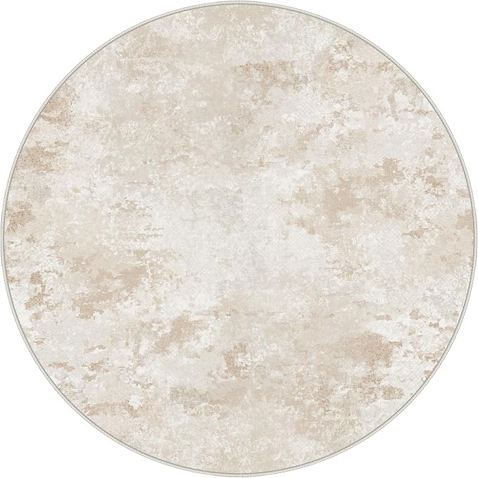 BEIMO Round Rugs 5FT for Living Room Bedroom, Modern Abstract Machine Washable Rug, Large Soft Low Pile Indoor Floor Carpet with Non Slip Backing for Dining Room, Beige White
