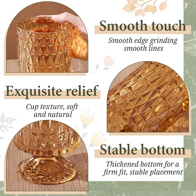 9 Pcs (H: 7" W: 4") Embossed Flower Vase Pedestal Glass Vase Big Base Thickened Crystal Vintage Vases for Wedding Party Home Decor Table Centerpiece House Warming Gifts (Amber,Stylish)