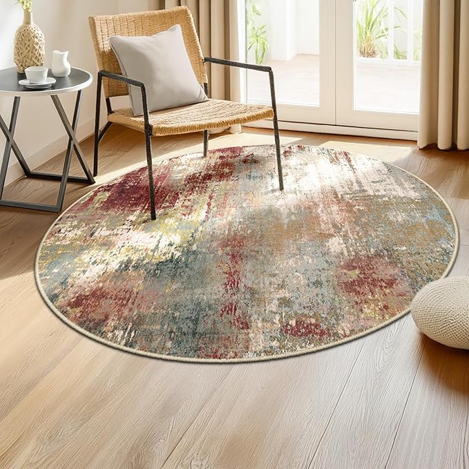 RELEANY Washable Area Rugs 4ft Non-Slip Modern Abstract Soft for Living Room Entryway Bedroom Nursery, Print Pattern, Brown Rust Red Green Blue Multi