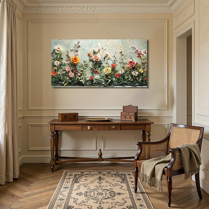 imjiayu Flower Wall Art, Large Wall Art, Floral Wall Decor, Vintage Rose Canvas Picture, Nature Botanical Prints Country Decor, Green Grey Paintings for Living Room Bedroom Dining Room Hallway 24x48