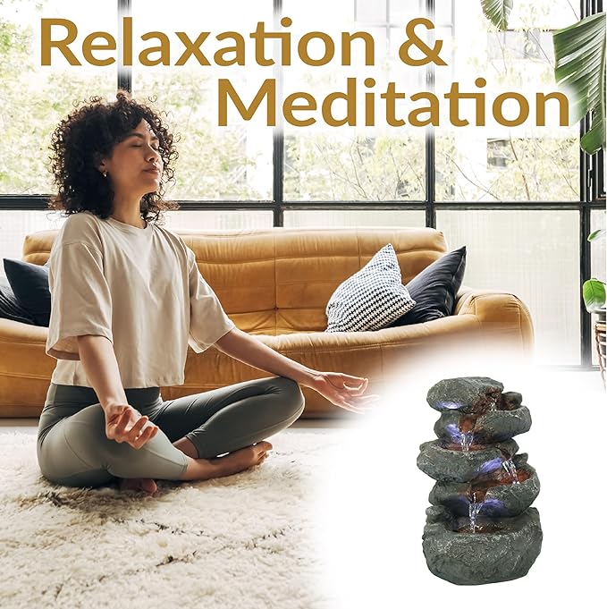 Sunnydaze Tabletop Water Fountain - Stacked Rocks 10.5 Inch Relaxing Desktop Water Fountain with LED Lights - Office, Bedroom, Living Room