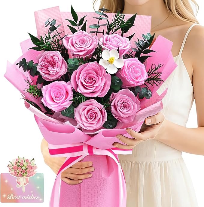 Forever Rose Flowers for Delivery, 8-Piece Preserved Roses Bouquet Birthday Gifts for Women, Long Lasting Purple Roses with Gift Box for Mom, Forever Flowers with Vase for Her Wife Girlfriend