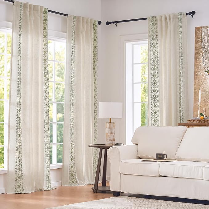 jinchan Weslie Boho Lined Linen Curtains for Bedroom Sage Green Vintage Floral Farmhouse Curtains 96 Inches Long Linen Drapes for Living Room Embroidered Drapes Sage on Beige 2 Panels