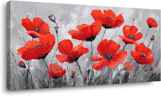 Ggaafet Red Wildflower Wall Art for Bedroom Canvas Oil Painting Prints Beautiful Flowers Floral Blooming Art Deco Pretty Artwork Office Family Dining Room Decor
