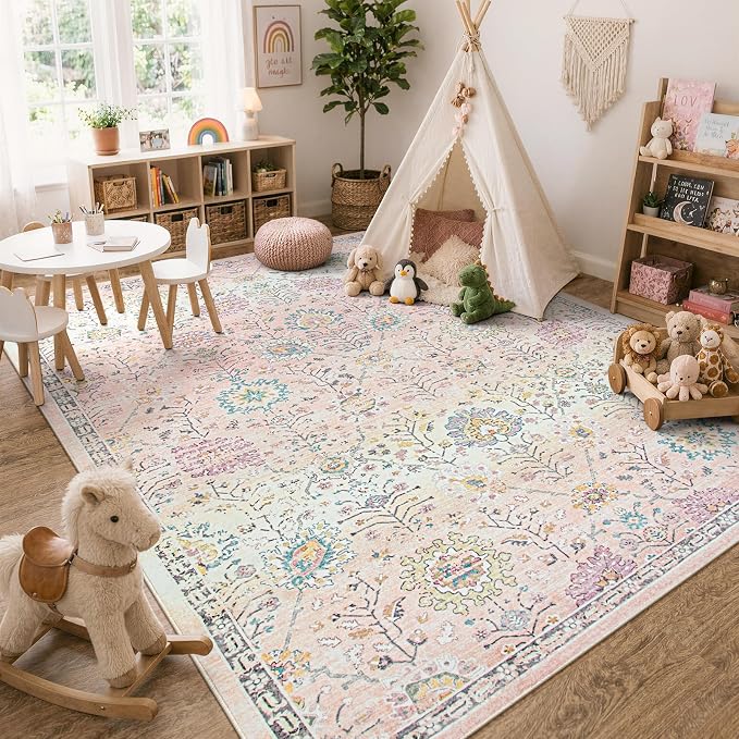Lahome Pink Boho Area Rug, 8x10 Washable Rugs for Bedroom Girls Living Room, Soft Blush Floral Non Slip Pastel Thin Floor Carpet for Classroom Playroom Home Decor
