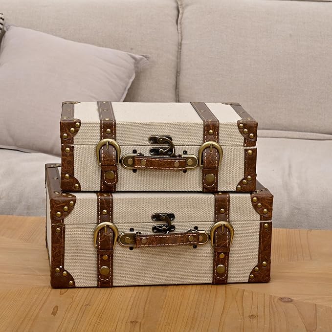 DECOR4SEASON Rustic Linen Decorative Storage Trunk Set, Vintage Canvas Fabric Nested Treasure Chests with Brown PU Leather Trim and Brass Accents, Set of 2 Faux Suitcase Home Decor Boxes