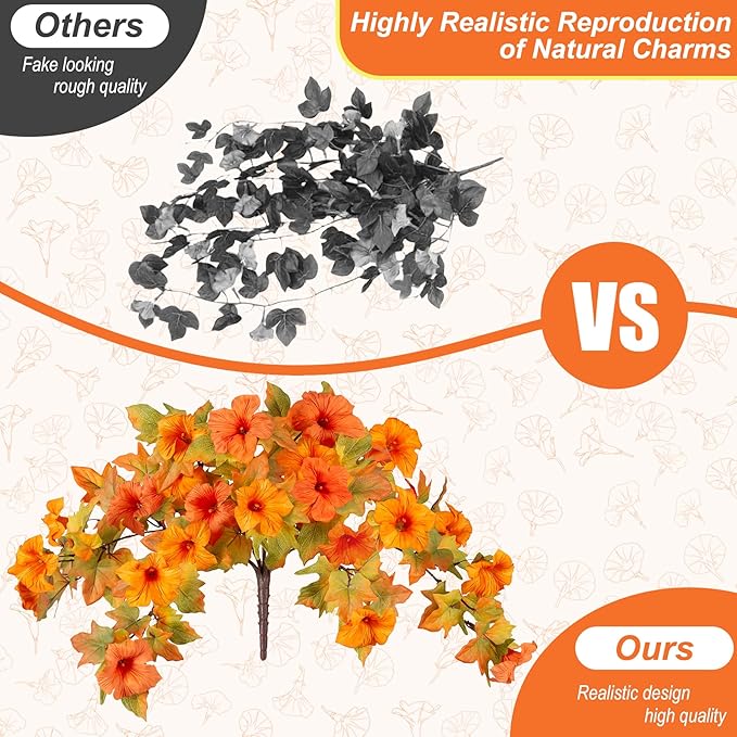 Ammyoo Artificial Fake Fall Flowers with Hanging Basket for Outdoor Decoration, Silk Faux Flowers UV Resistant Fake Plants for Home Porch Patio Garden Window Box Autumn Decor Look Real (Orange)