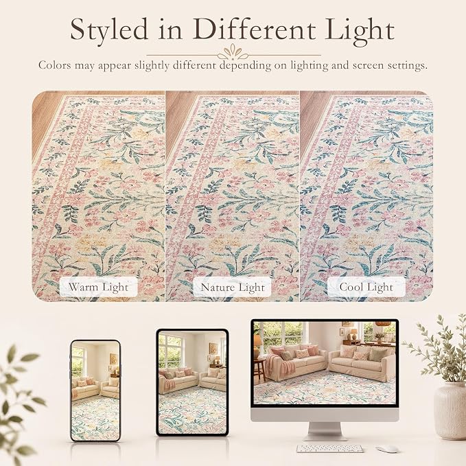 Wonnitar 8x10 Washbale Rugs for Living Room, Boho Pink Room Decor for Girls Bedroom, 8 x 10 Soft Non Slip Low Pile Indoor Floral Carpet for Kids Room Playroom Toddler Nursery