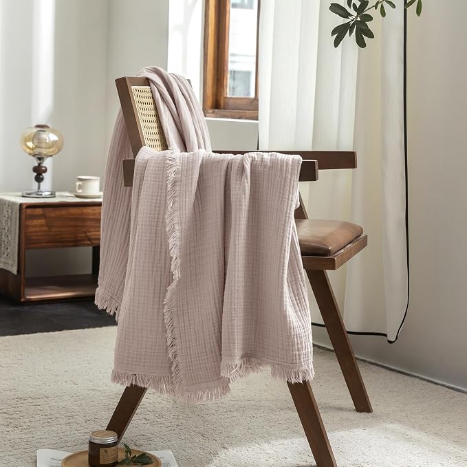FOSSA Muslin Blanket: 4-Layer 100% Cotton Gauze Blanket with Fringe 98"x98" | Super Soft Breathable Lightweight All Season & Decorative Blanket or Bed, Sofa, Office (Greyish Pink,Oversize Queen)