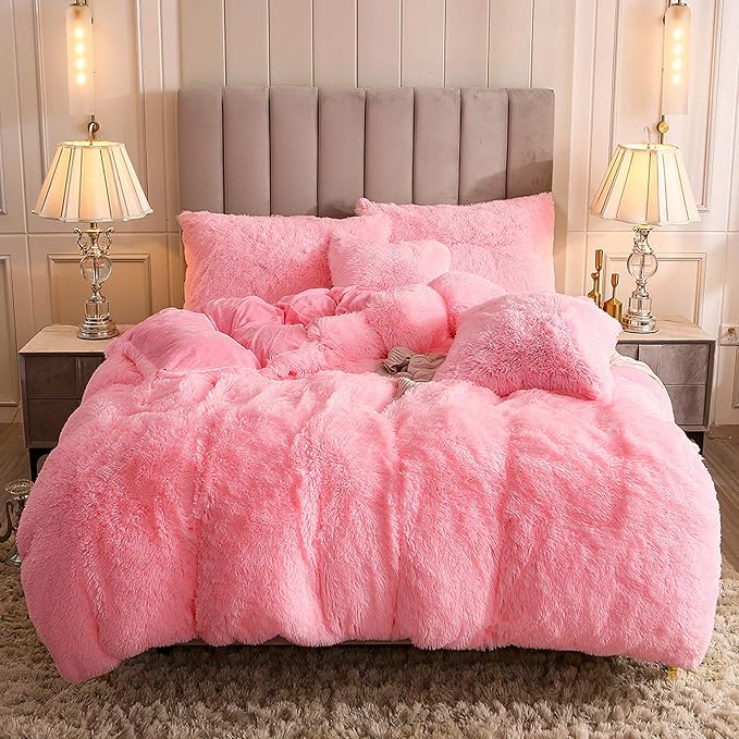Faux Fur Velvet Fluffy Bedding Duvet Cover Set Down Comforter Quilt Cover with Pillow Shams, Ultra Soft Warm (Pink, Queen)