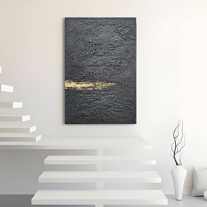 Hand Painted 36x24 inch Black and Gold Abstract Wall Decoration Oil Painting Thick Texture Minimalist Art