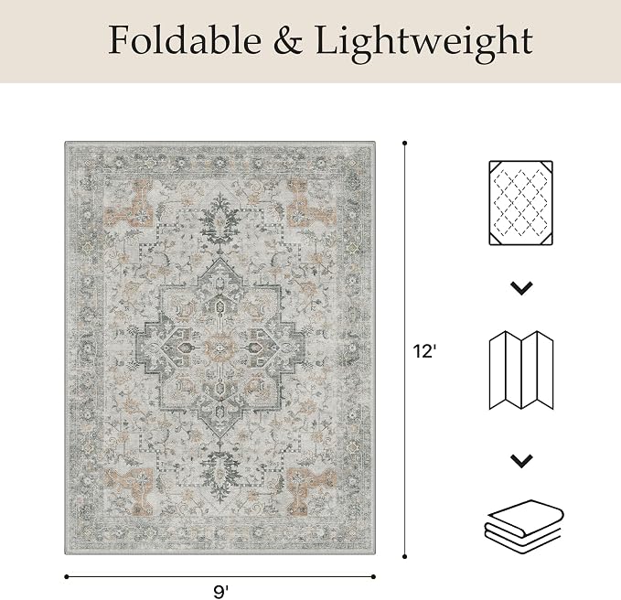 GENIMO Outdoor & Indoor Area Rug 9'x12', Waterproof, Non-Shedding, Easy Cleaning, Boho Mat for Patio, Living Room, Balcony, Dining Room, RV, Deck, Bedroom, Camping, Outside Carpet,Light Grey Brown