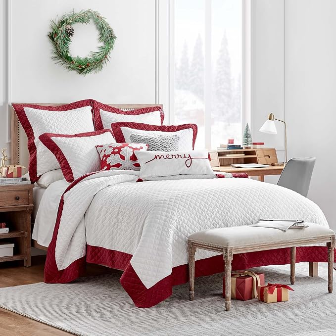 Levtex Home - All is Bright Quilt Set - King Quilt + Two King Pillow Shams - Velvet Border - Red and White - Quilt Size (106x92in.) and Pillow Sham Size (36x20in.) - Reversible - Cotton