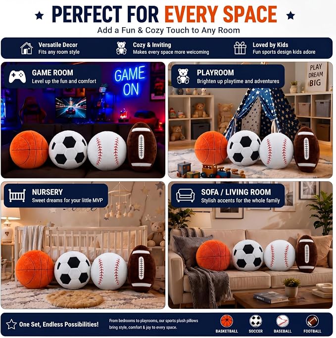 Juexica Sports Throw Pillows Fluffy Stuffed Soccer Basketball Baseball Pillow Plush Toy Sport Cushion for Room Decor Birthday Present(Medium,Assorted Color,4)