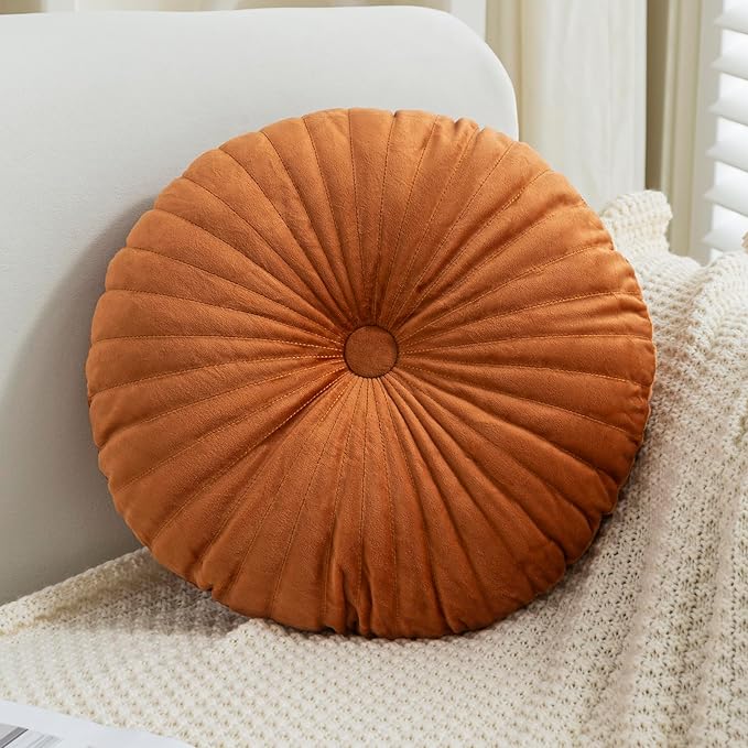 Teieas Velvet Round Throw Pillow Pleated Round Pillow Cushion Decoration for Couch Chair Bed Car Orange