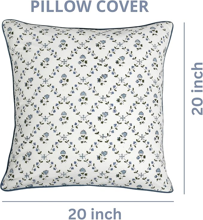 Ridhi Block Print Powder Blue Pillow Cover 20" x 20" (Pack of 2) Decorative Couch Pillows for Living Room, Chic Boho Cute Outdoor Pillows Covers Gifts for Spring, Easter and Valentine