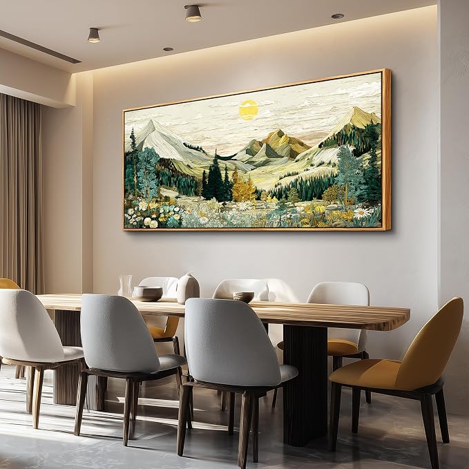 XIGUANGART Mountain Framed Wall Art,Large Canvas Wall Art - Floral Abstract Painting Decor, Vintage Flower Boho Pictures,Modern Rustic Farmhouse Landscape Art Prints for Bedroom Office Home Decoration
