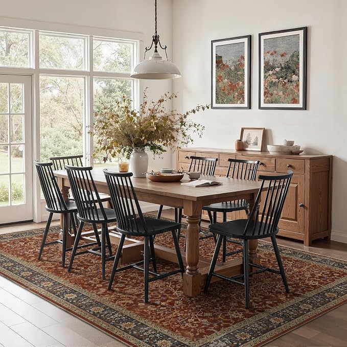 Living Room Rug 8x10 Deep Burnt Orange, Washable Non Slip Low Pile Thin Carpet for Dining Room, Vintage Print Area Rugs for Bedroom Home Office Old Money Aesthetic