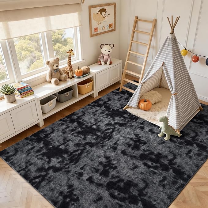 FinRèc 5x7 Washable Area Rugs for Bedroom Living Room, Low Pile Thin Ultra Soft Shag Rug, Non-Slip Carpet Indoor for Home Decor (Tie-dye Dark Grey)