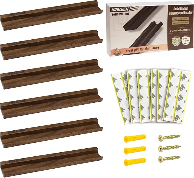 Vinyl Wall Mount No Drill with 2 Mount Options(Adhesive & Screws), 6 Pack Solid Walnut Wood Record Display No Screws, Record Shelves for Wall, Album Magazine, Record Shelf, Vinyl Holder Wall