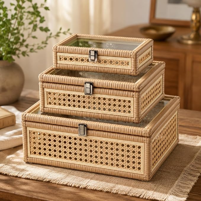 Yalikop 3 Pcs Large Rattan Display Box with Glass Lid Set, Handwoven Boho Rectangular Storage Box, Memory Wicker Jewelry Boxes, Natural Decorative Bin, Multipurpose Shelf Baskets for Home Organization